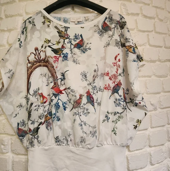 Ted Baker White Multicolor Bird Print Blouse Sz 1 - Picture 1 of 6